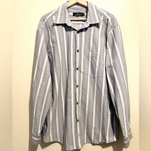 Bugatchi Men's Button Down Dress Shirt Cotton Blue White Striped Textured XL